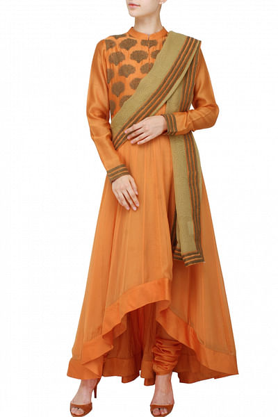 Orange asymmetrical kurta set with printed dupatta