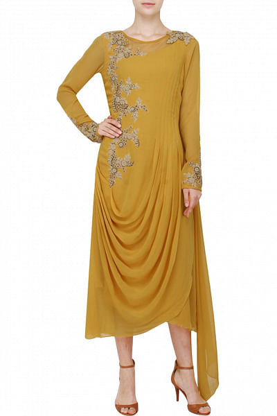 Yellow draped tunic with placement embroidery
