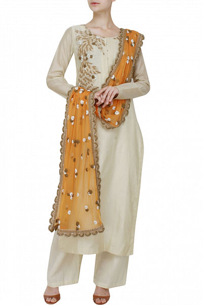 Off white chanderi kurta set with embroidered orange dupatta