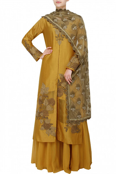Front open chanderi jacket with sharara and net dupatta