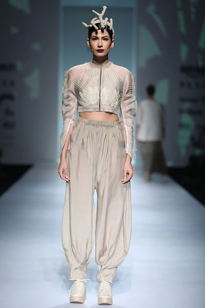 Embroidered crop-top with dhoti pants