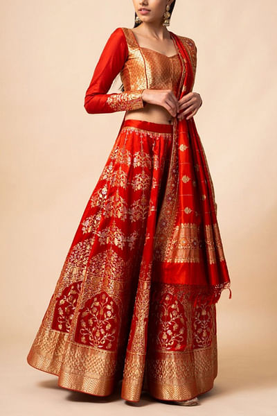 Handwoven Silk Red Lehenga with Floral Motif