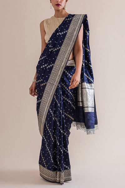 Navy blue handwoven silk sari