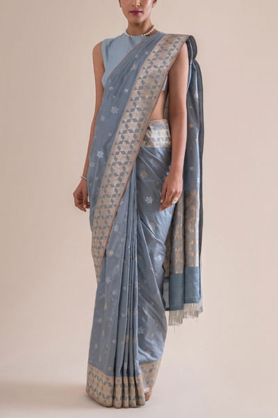 Steel blue handwoven silk sari
