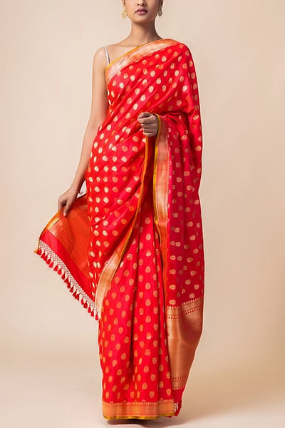 Crimson red silk sari
