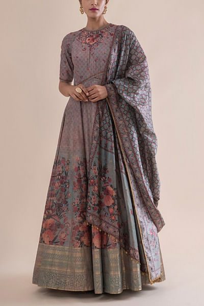 Stone grey silk anarkali set