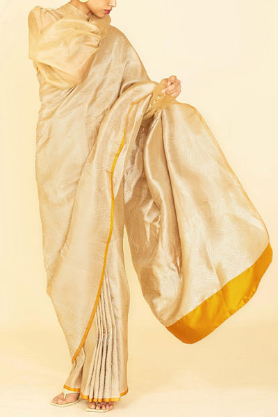 Handwoven silver satin silk sari