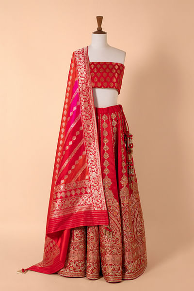 Red satin silk lehenga set