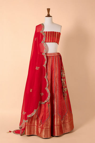 Red satin silk lehenga set