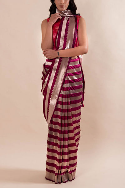 Purple striped silk sari