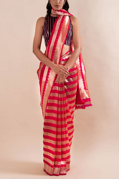 Pink striped silk sari