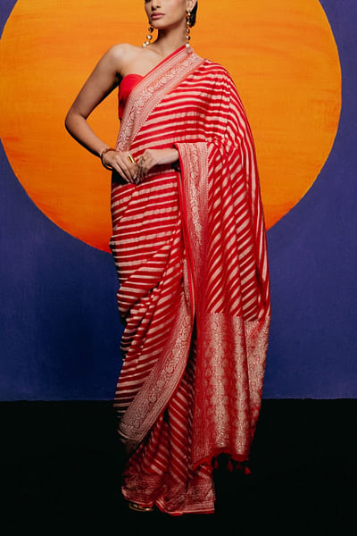 Orange striped woven banarasi sari set