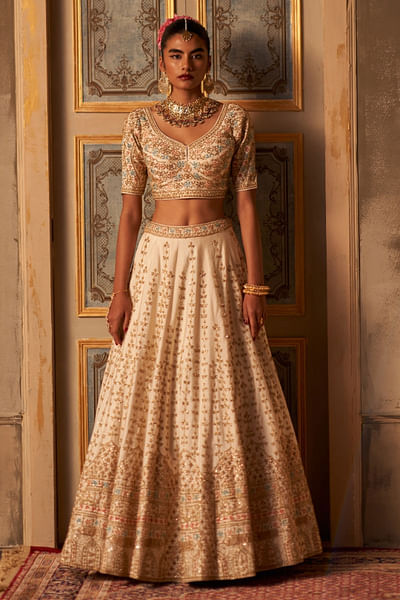 Ivory raw silk embroidered lehenga set