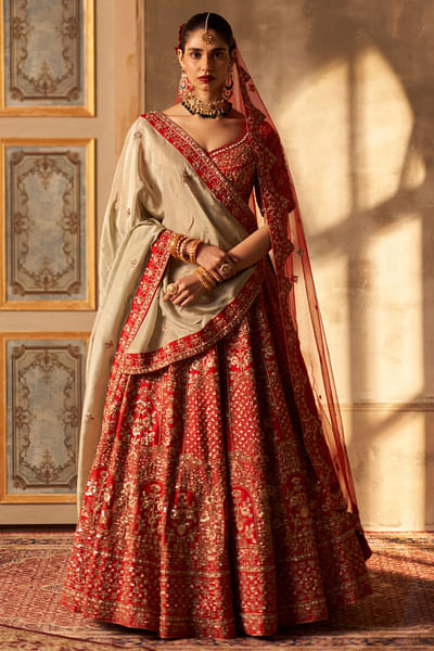 Red raw silk embroidered lehenga set