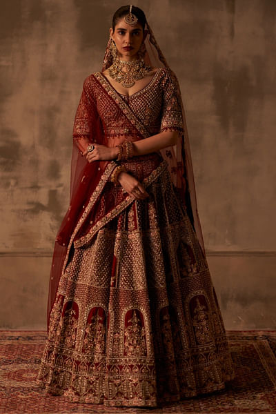 Maroon embroidered raw silk lehenga set