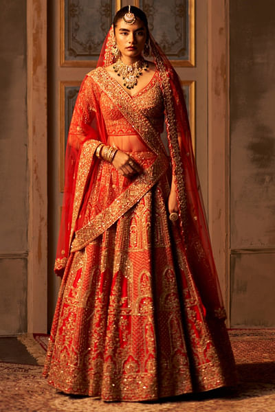 Red embroidered raw silk lehenga set