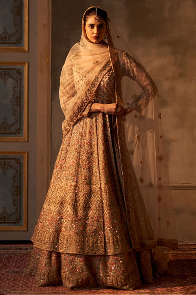 Peach organza embroidered lehenga set