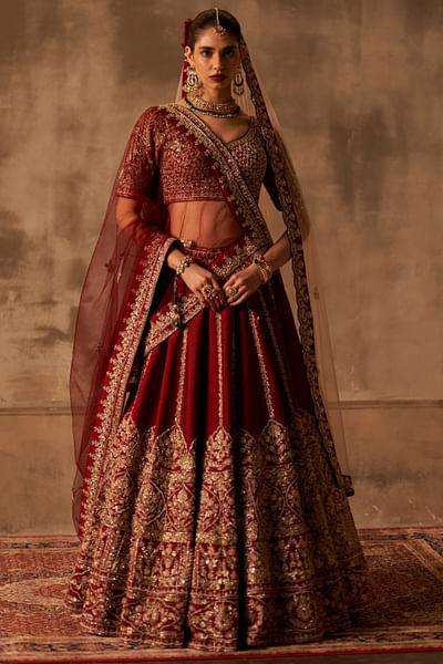 Maroon double dupatta embroidered lehenga set