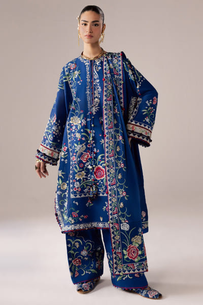 Élan Blue floral embroidered kurta set ELANAUG26D151127