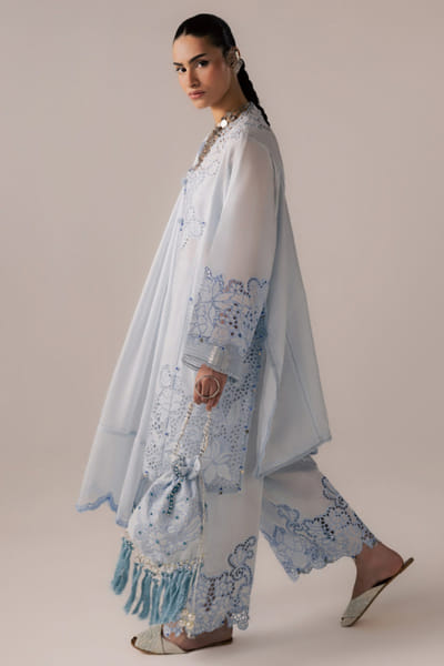 Élan Powder blue cutwork kurta set ELANAUG26D151128