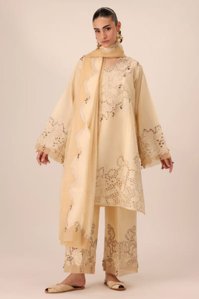 Élan Ivory eyelet embroidered kurta set ELANAUG26D151129