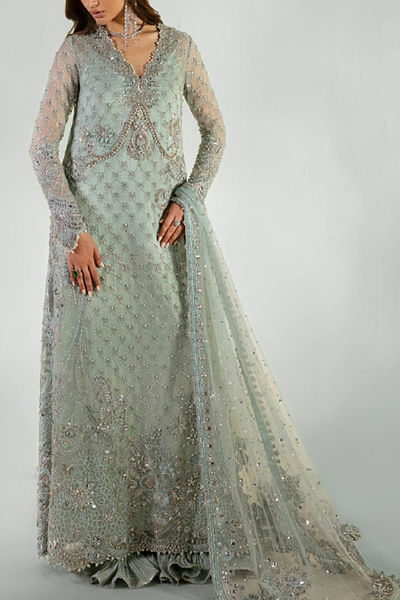 Ice blue floral embellished kurta set