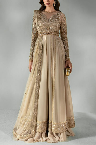 Beige embroidered anarkali set