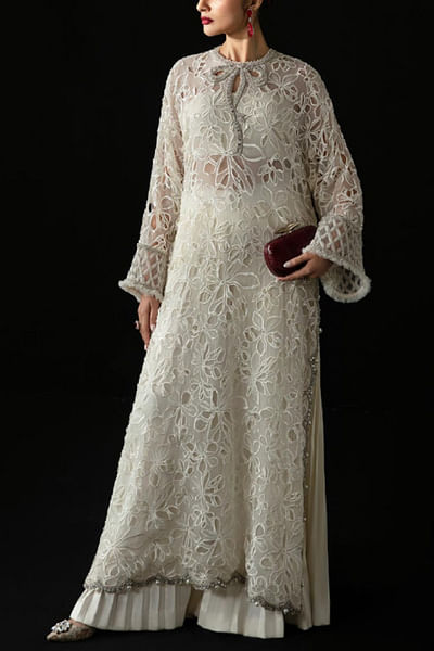 Off-white floral laser cut kurta set