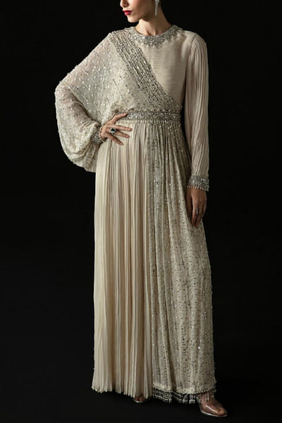 Ivory crystal embellished draped kurta set