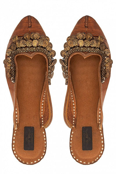 Brown embellished slip-ons
