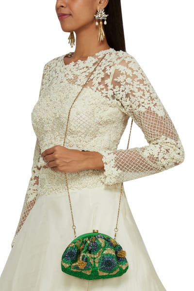 5 Elements by Radhika Gupta Green bead embellished boota bag ELE5EHB305AG