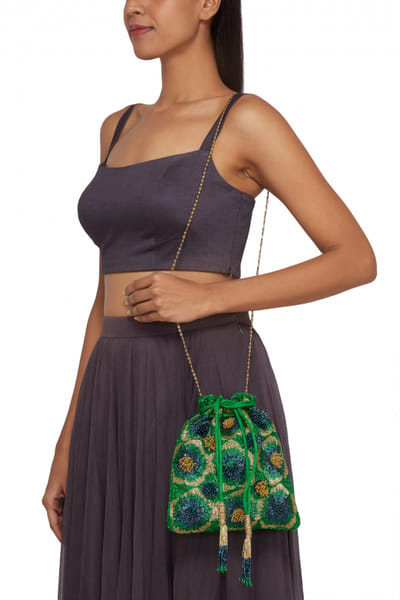 5 Elements by Radhika Gupta Green floral beaded potli bag ELE5EHB305C
