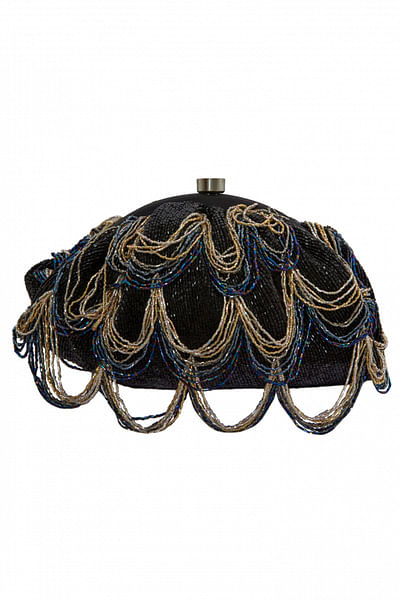 Black bead tassel embellished clutch