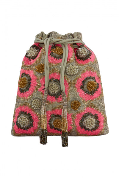 Pink floral beaded potli bag