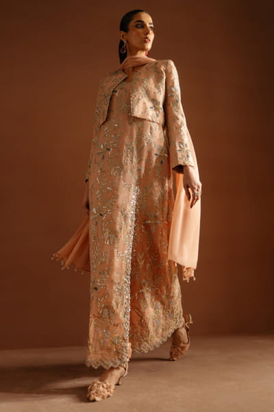Peach thread embroidered jacket kurta set