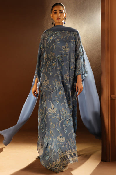 Slate blue motif embroidered kaftan set