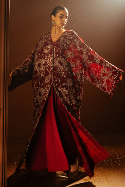 Red thread embroidered kurta set