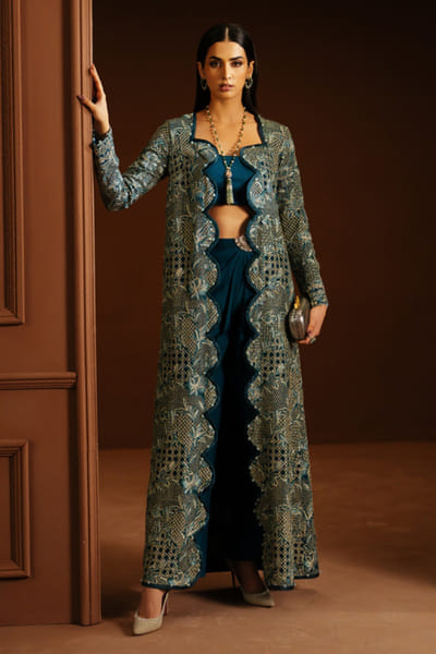 Emerald green embroidered jacket set