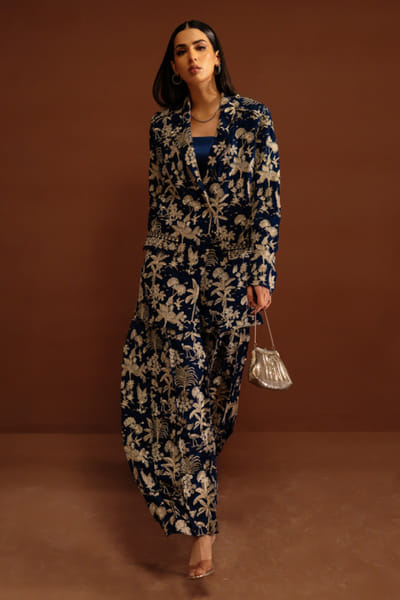 Midnight blue thread embroidered jacket set