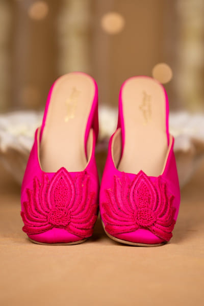 Pink lotus motif embroidered mule heels