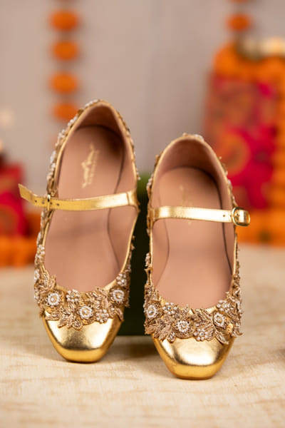 Gold zari embroidered Mary Jane shoes