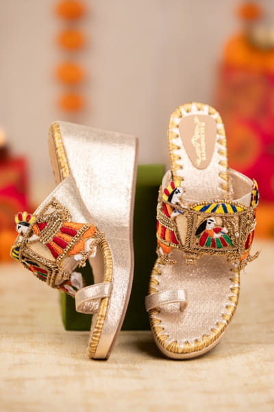 Gold embroidered wedges