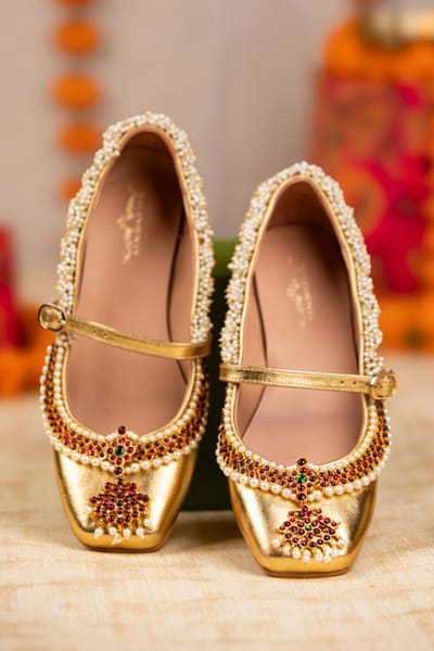 Gold pearl embellished Mary Jane shoes