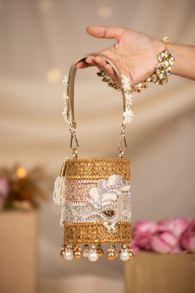 Gold zari embroidered bucket bag