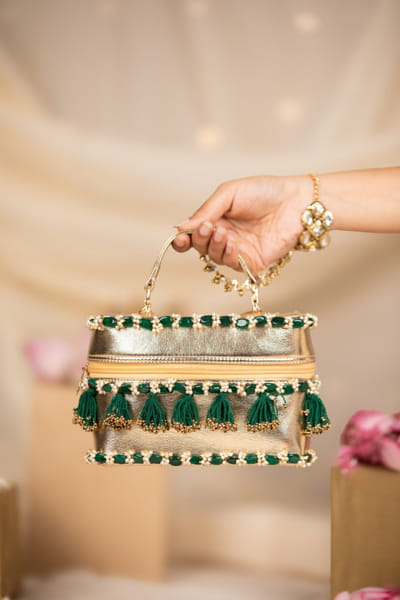 Gold and green embroidered bucket bag
