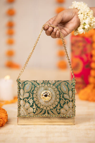 Green brocade handbag