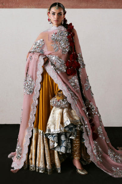 Mustard and baby pink embroidered pishwas kurta set