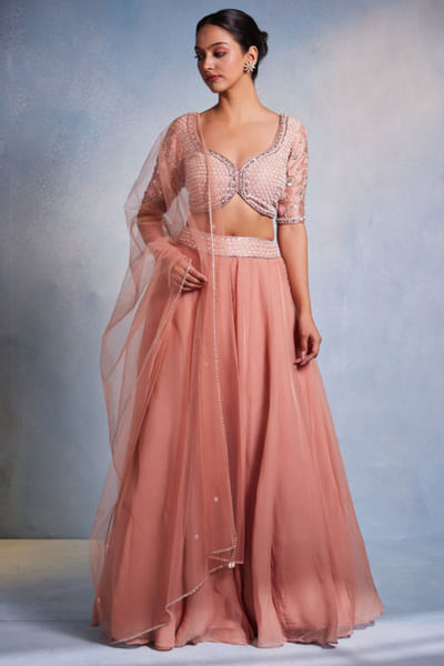 Rose gold pink organza lehenga set