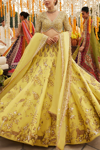 Yellow floral embroidered lehenga set