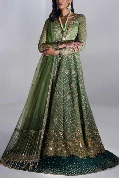 Olive green embroidered anarkali set